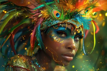 A woman wearing a vibrant headdress with feathers. Suitable for cultural events or fashion themes