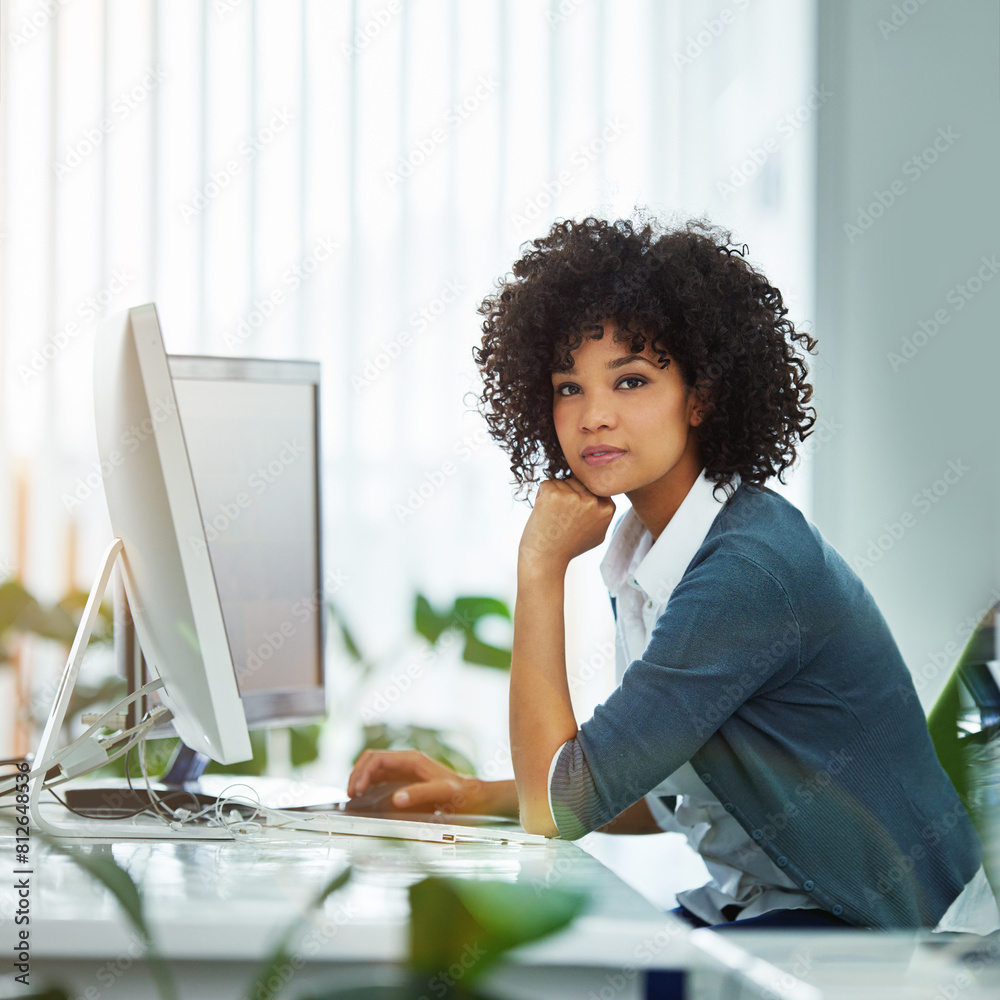 Poster portrait, business and woman with computer, thinking and confidence with internet, solution and risk