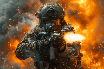 An intense image capturing a soldier in full gear against a backdrop of fiery explosions and smoky atmosphere