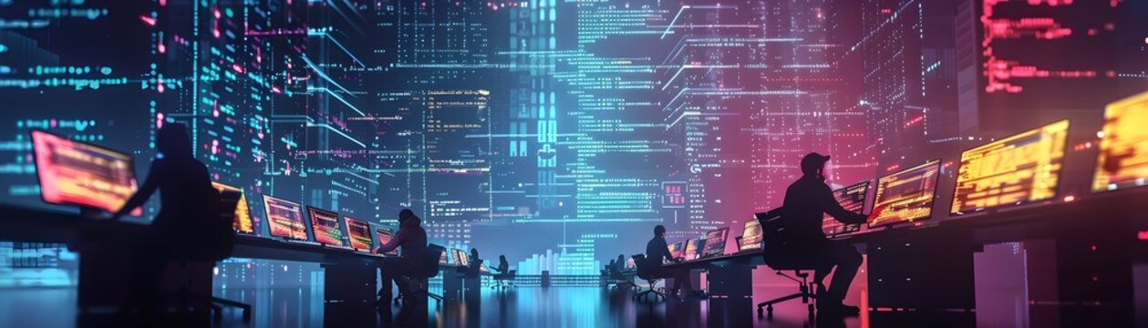 Software developers during hackathon working on coding projects under time pressure business and technology concept with copy space