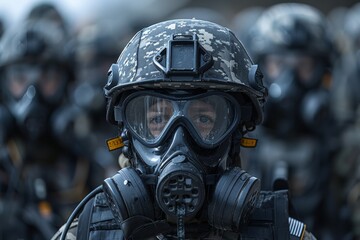 Fototapeta premium This image displays a close-up of a soldier in uniform with a focus on the helmet and headgear, set against other soldiers