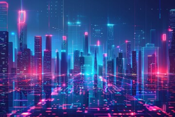 Fototapeta premium Urban architecture, cityscape with space and neon light effect. Modern hi-tech, science, futuristic technology concept. Abstract digital high tech city design for banner background