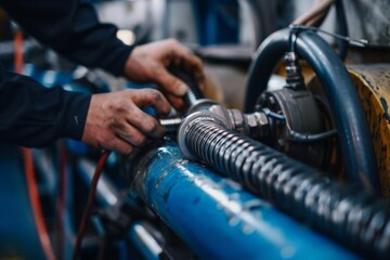 A worker crimps a high pressure hydraulic hose on the machine. High pressure hydraulic hose manufacturing process 