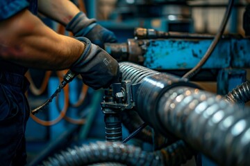 Fototapeta premium A worker crimps a high pressure hydraulic hose on the machine. High pressure hydraulic hose manufacturing process 