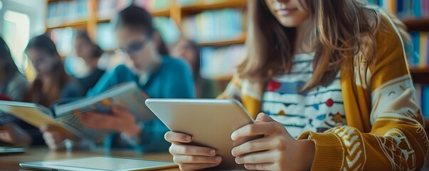 Students Using Tablets in a Classroom Engaged in Interactive E book Learning and Research