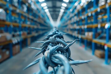 A close-up view of silver barbed wire atop a blue industrial warehouse fence, conveying security and protection themes