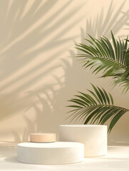 3d background products display podium scene with palm leaf geometric platform. background vector 3d render with podium. stand to show cosmetic product. Stage showcase on pedestal displ. Generative Ai.