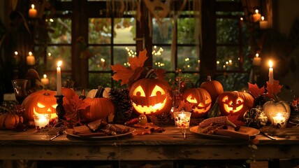 Explore spooky Halloween-themed settings and decorative tables. Transform your space with eerie ambiance, pumpkin centerpieces, and haunting decorations for a festive celebration.