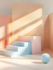 3D background with beige, blue, pink realistic steps cube box stand podium. Generative Ai.