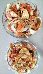 Closeup view of cooked Crabs, Kepiting saos asam manis. Boiled crab is the most delicious food.
