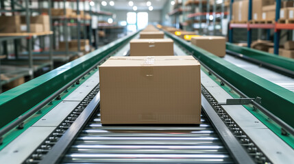 Fototapeta premium Conveyor belt transporting boxes in a large distribution warehouse.