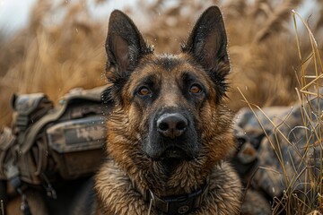 An alert German Shepherd with a blurred face in a tactical vest amidst golden field Duty, service