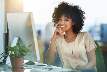 Woman, smile and business workplace and desk with computer, desktop and planning for online...