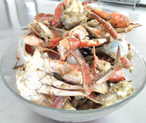 Closeup view of cooked Crabs, Kepiting saos asam manis. Boiled crab is the most delicious food.
