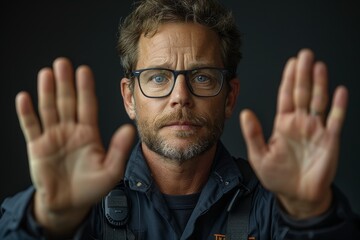 An intellectual-looking man with glasses makes a hands gesture indicating caution or limitation, against a neutral backdrop