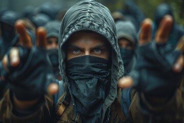 Fototapeta premium A group of uniformed individuals with obscured faces all hold their palms towards the camera
