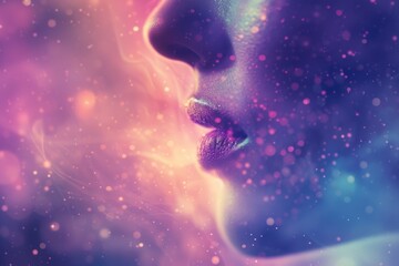 Abstract woman close up blowing colorful smoke on dark background