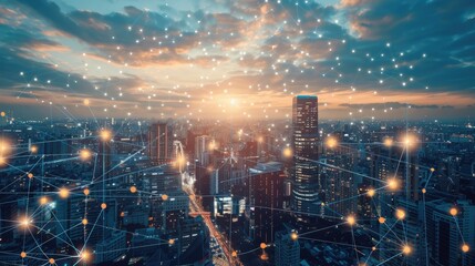 Futuristic cityscape with blockchain nodes