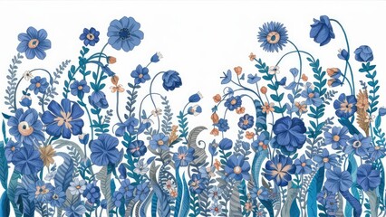 floral pattern with hand drawn blue flower garden elements on an isolated white background
