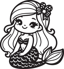 Cute beautiful mermaid sitting smiling vector silhouette illustration. Stylized mermaid sitting on a rock illustration design