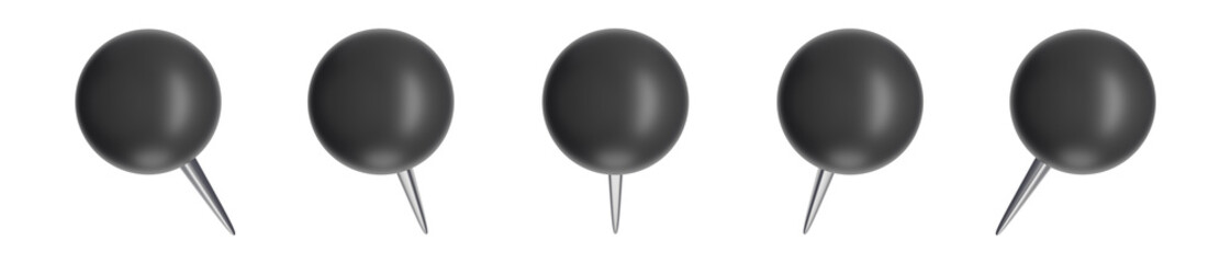 set of 3d round ball head pins on transparent background, PNG, 3d render thumbtacks, black pushpins