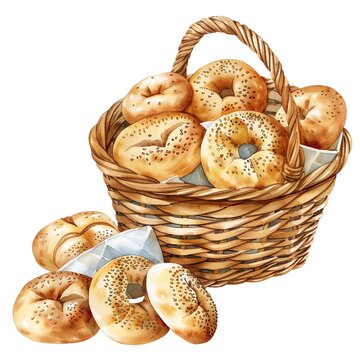 bagels in wicker basket watercolor clip art preview