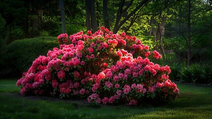 A cluster of vibrant pink azalea flowers in full bloom, creating a stunning display of color in a garden.