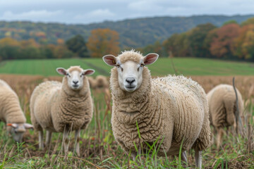 Naklejka premium sheep with a farm landscape