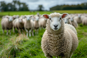 Obraz premium sheep with a farm landscape