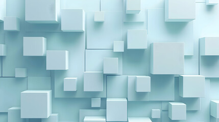Abstract background with geometric shapes in a light blue color, white square boxes and cubes on the wall