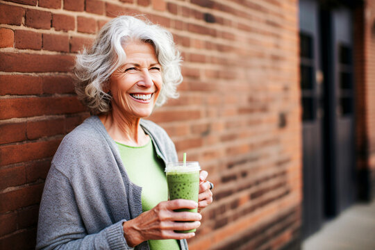 Blurred Smiling senior woman holding a glass of green smoothie in the city