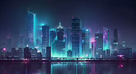 A city skyline with a bridge in the foreground and a large body of water in the background. The city is lit up with neon lights, creating a vibrant and energetic atmosphere. Generative AI