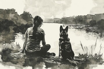 Black and white illustration of a woman with her loyal dog. Suitable for pet lovers and art enthusiasts