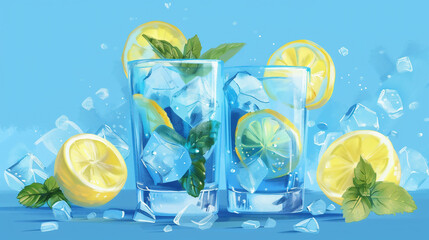   Blue Lemonade Lemon slices and mint leaves for garnish vibrant, Illustration
