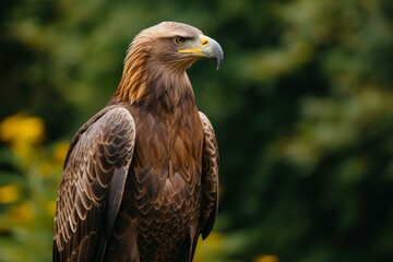 Close-up profile of a majestic golden eagle, a powerful bird of prey with intense gaze, sharp focus, and vibrant feathers in the natural world, symbolizing strength and beauty in the wilderness