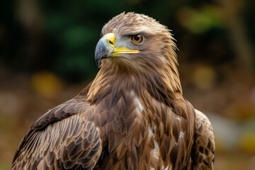 Obraz premium Close-up portrait of a majestic golden eagle. A powerful and fierce bird of prey with keen eyesight. Showcasing its detailed plumage and sharp gaze in its natural habitat