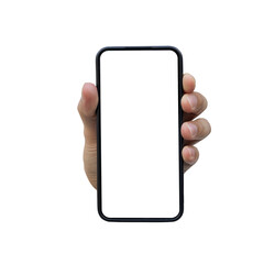 close up man left hand hold smartphone with blank screen isolated on transparent background for marketing or advertisement and design concept