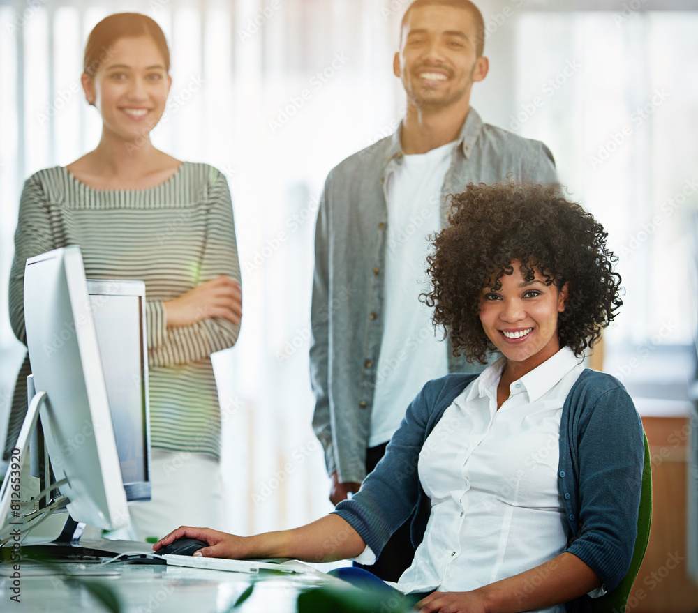 Aufkleber People, office and happy with computer for teamwork and collaboration as web developers. Employee, portrait and smile with pride on skill development or career growth for website design or innovation
