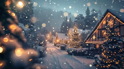 Generate an image of a snowy winter landscape adorned with twinkling Christmas lights,  - Powered by Adobe