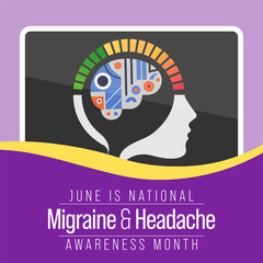 Fototapeta premium Migraine and headache awareness month is observed every year in June. it is usually a moderate or severe headache felt as a throbbing pain on one side of the head. Vector illustration