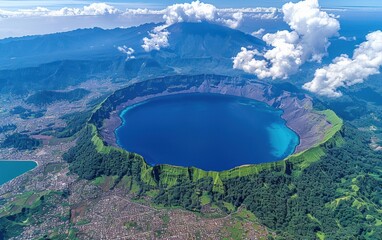 Aerial shot of a trekker above a volcanic crater lake