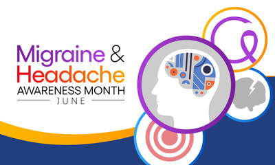Migraine and headache awareness month is observed every year in June. it is usually a moderate or severe headache felt as a throbbing pain on one side of the head. Vector illustration