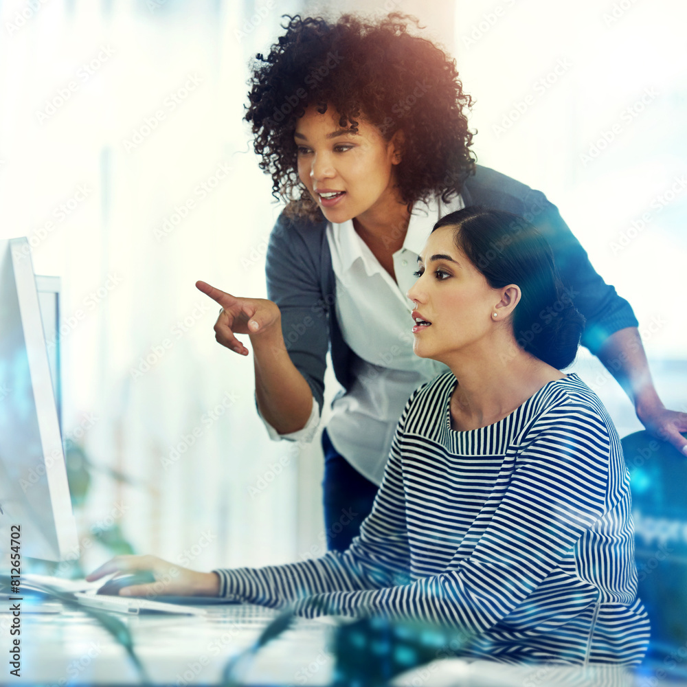 Aufkleber Women, office and computer for research with teamwork and collaboration as web developers. People, support and learning or help on skill, career and growth for website design on double exposure