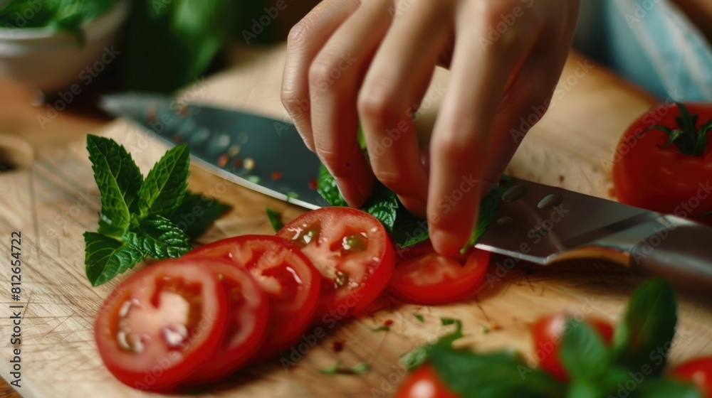 Wall mural fresh tomatoes being sliced on a wooden cutting board. suitable for food and cooking concepts