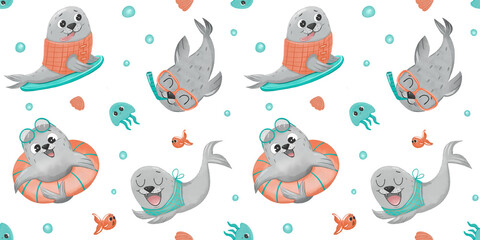 seals seamless pattern, Summer beach pattern for printing on fabric, textiles, sea ​​lion, wrapping paper for children, water ocean animals pattern, underwater sea life, pinnipeds, walrus sea lion