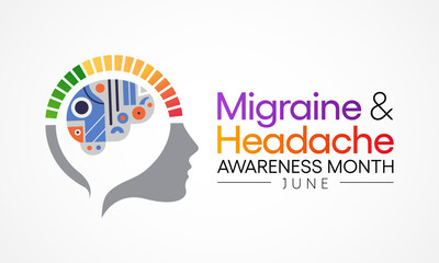 Migraine and headache awareness month is observed every year in June. it is usually a moderate or severe headache felt as a throbbing pain on one side of the head. Vector illustration