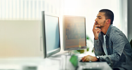 Business, thinking and man with a computer in office for deadline, planning project or online...