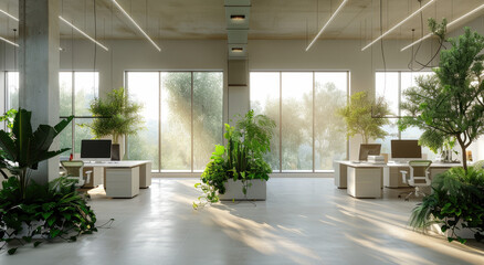 The office space is spacious, bright and modern with a white ceiling, large windows on the right side overlooking greenery outside. The floor has light grey carpeting.