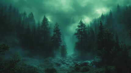 A forest with trees and fog