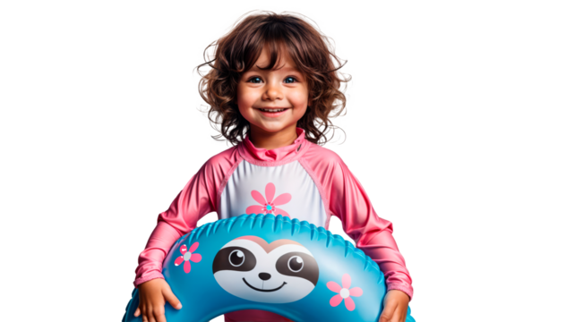 Charming young girl with curly hair, smiling and holding a blue sloth-themed pool float, in a floral swim rash guard. Perfect for summer recreation, children's swim products, and pool fun. PNG, transp